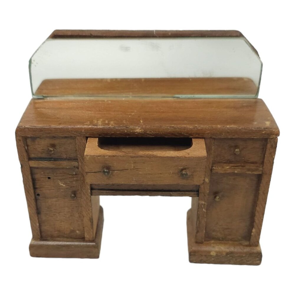 Wooden Dollhouse Mirrored Dresser 5" x 4.25" x 1.5" Vintage 50s Pull Out Drawer